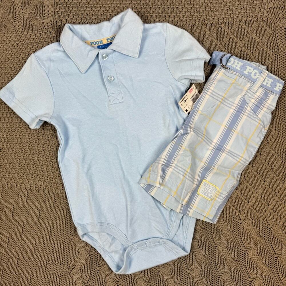 Disney Pooh Blue Polo One Piece and Plaid Shorts Set ~ 18M - Picture 1 of 14